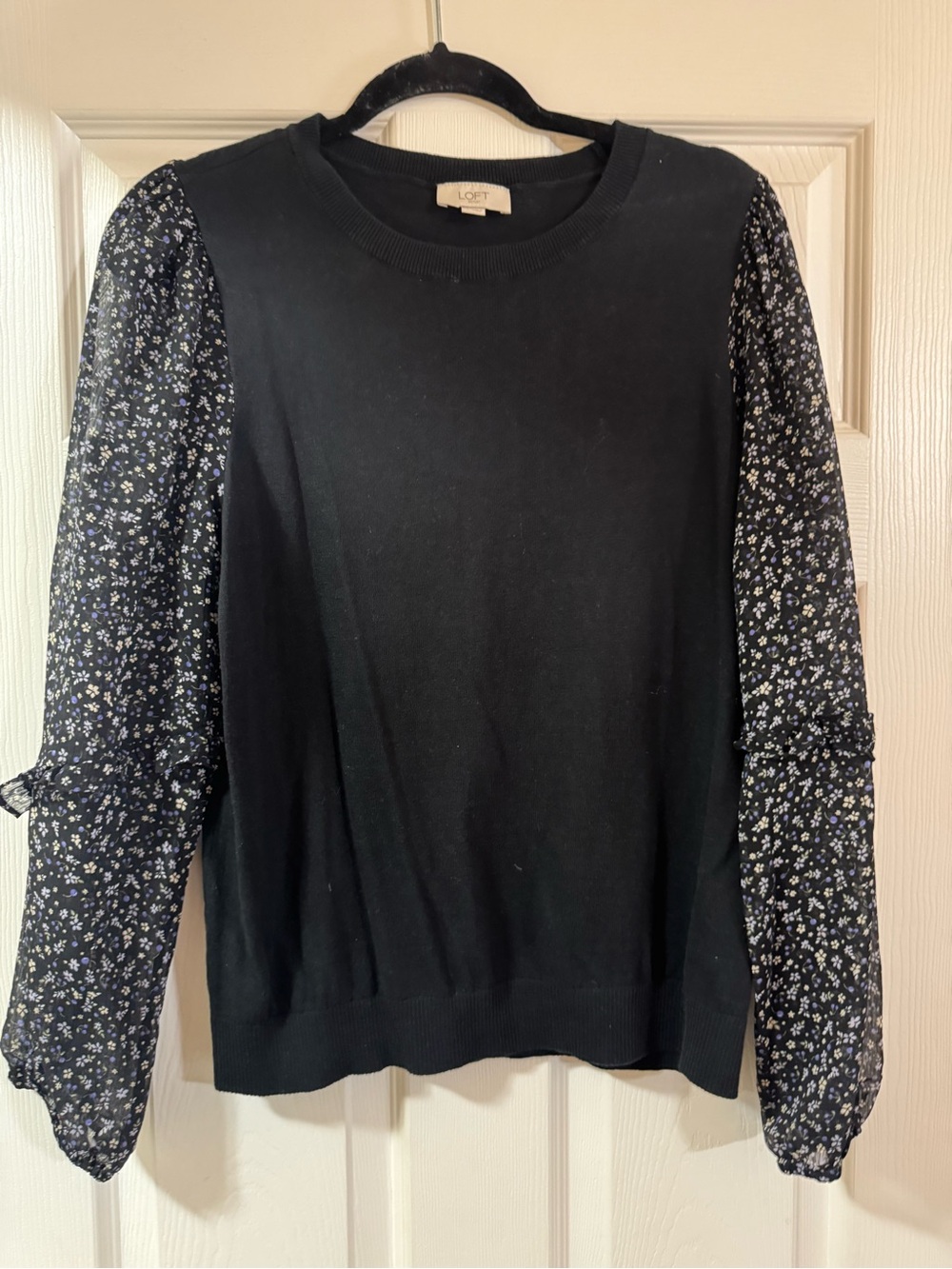 LOFT Black Pullover with Floral Chiffon Sleeves